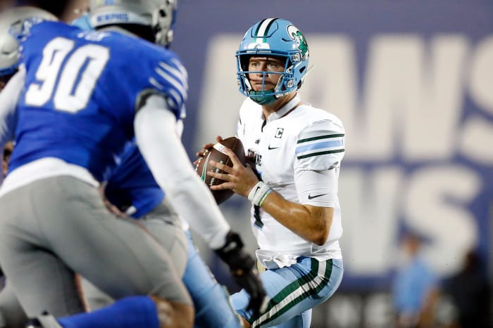 Oct 13, 2023; Memphis, Tennessee, USA; Tulane Green Wave quarterback Michael Pratt (7) passes the ball during the first half against the Memphis Tigers at Simmons Bank Liberty Stadium. Mandatory Credit: Petre Thomas-USA TODAY Sports
